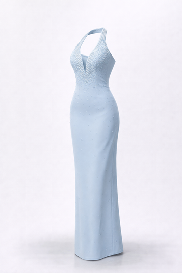 Baby Blue Halter Neck Pearl Detail Evening Dress